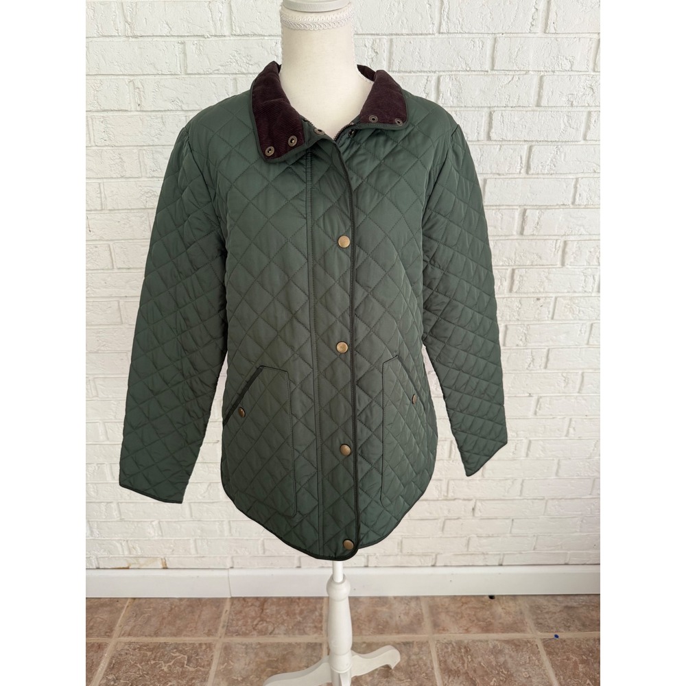 Lands End Quilted Barn Jacket Womens Medium 10-12 Green Excellent Corduroy Trim